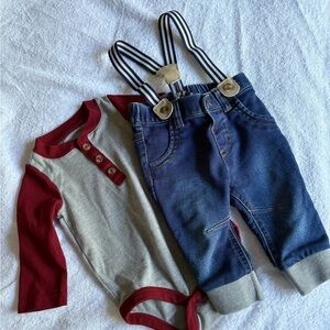 Cat & Jack Denim Overalls with Red and Gray Bodysuit
